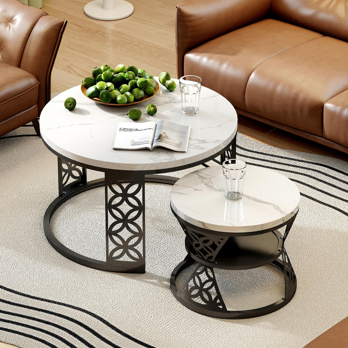 COUCHTISCH in Weiß/Schwarz Hitzebeständiger Wohnzimmertisch mit Marmor-Optik Platte Sofatisch mit Metallgestell - Schwarz/Weiß, Holzwerkstoff/Metall (70/70/45cm) - STILVORA