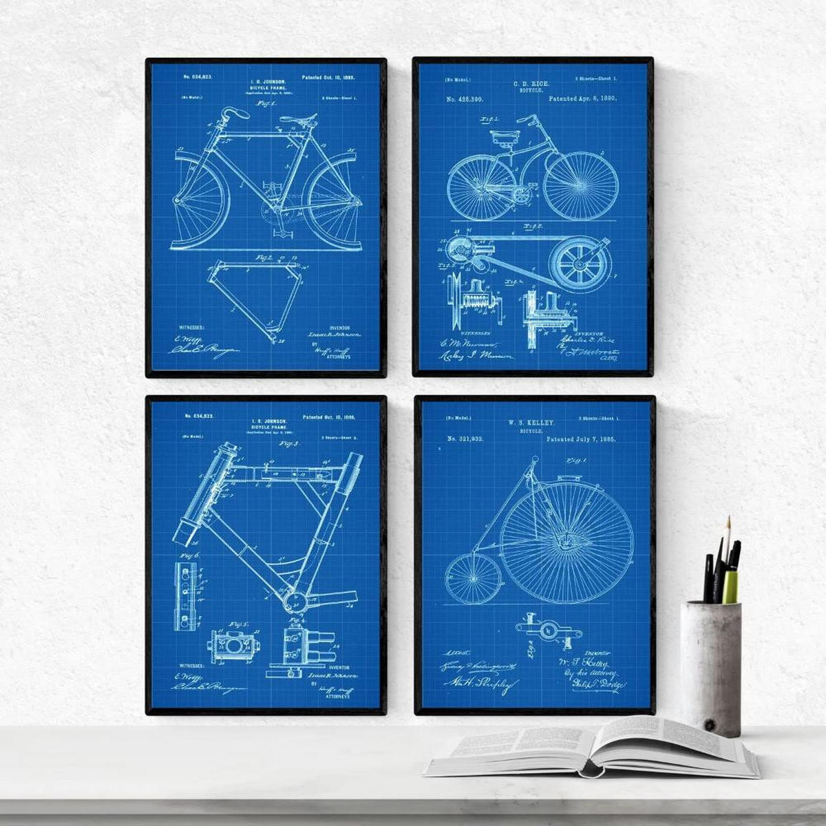 POSTER Set mit 4 Blau Fahrrad Patent A4 Rahmenlos - Klar, Papier (29.7/3cm) - Nacnic