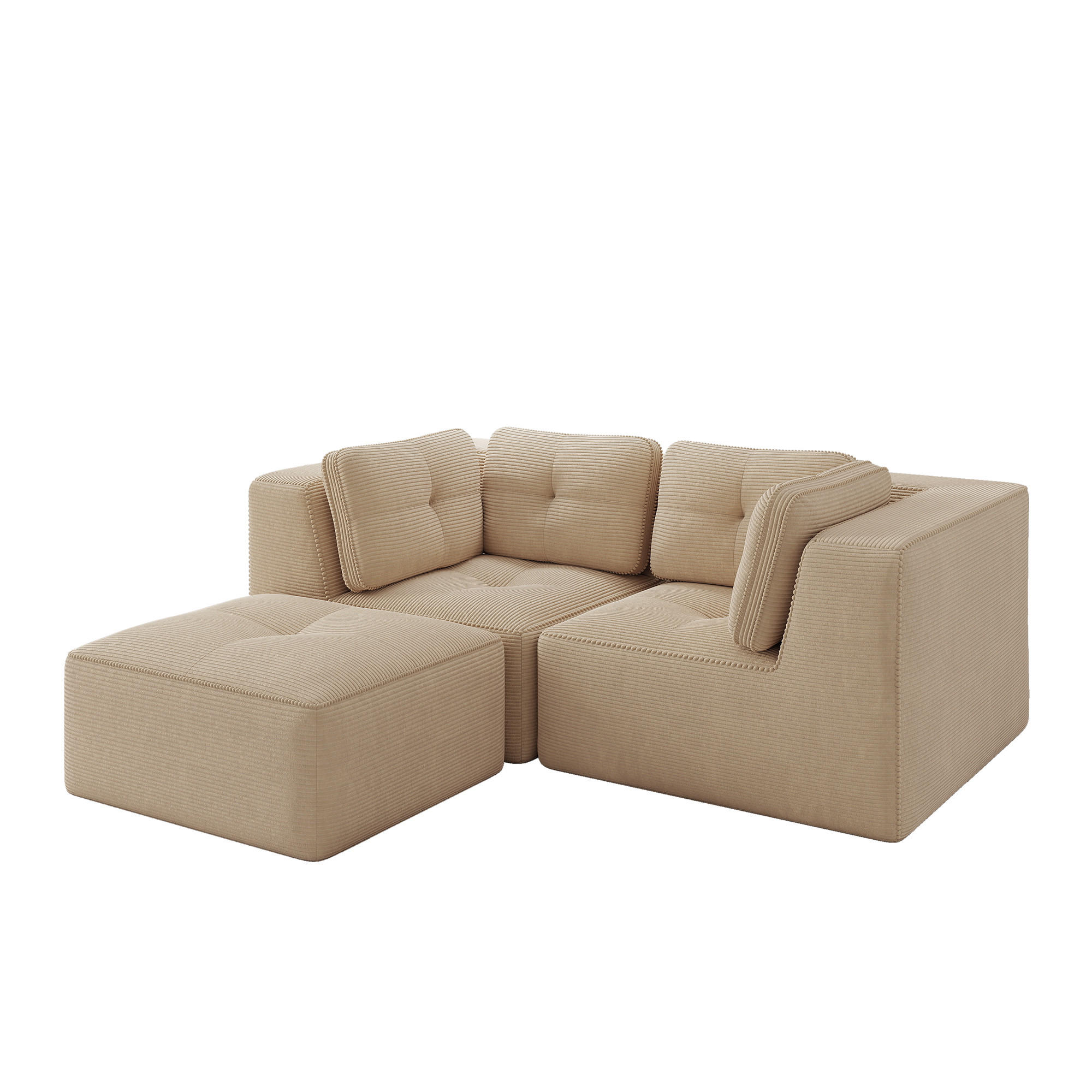 ECKSOFA Cord Beige Modular mit Kissen und Hocker - Beige, Textil (208/177cm) - WISHDOR