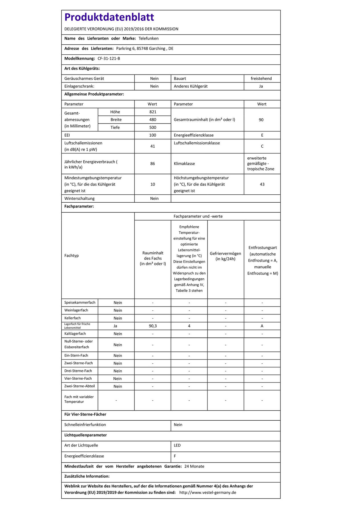 KÜHLSCHRANK, ohne Gefrierfach, freistehend, klein, 90 Liter Nutzinhalt, mit Gemüsefach & 3 Ablagen, Temperaturregelung, CF-31-121-B - Schwarz, Kunststoff/Metall (48/82.1/50cm) - Telefunken