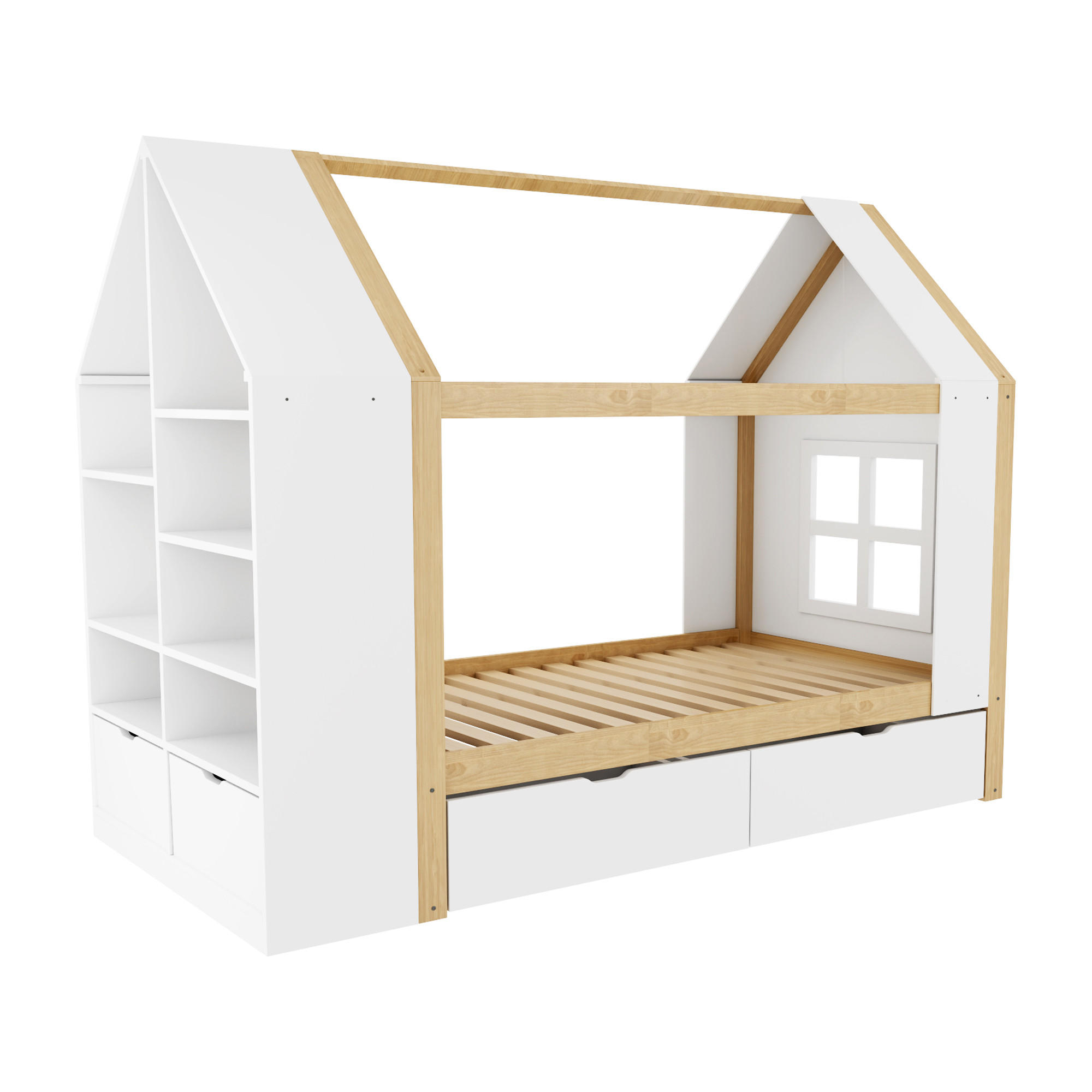 HAUSBETT 90/200 cm DE-32648 mit LED und Stauraum Weiß/Holzfarbe - Naturfarben, Holz (90/200cm) - ComfortXL