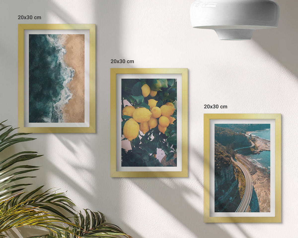WANDBILDER 3er Set - 20x30 cm Goldrahmen - Meerstrand Zitronen Berge - Goldfarben, Kunststoff (20/30cm) - ArtPrintCave