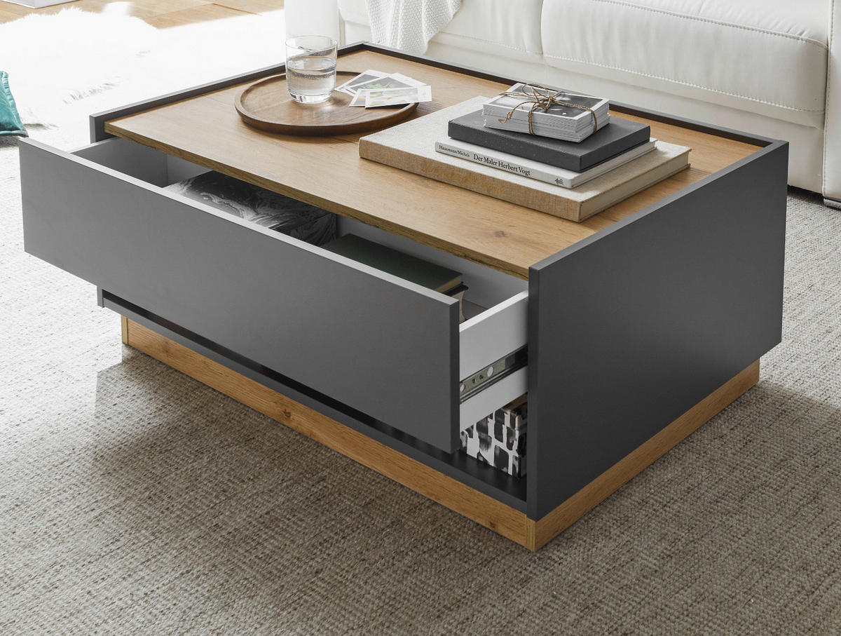COUCHTISCH grau matt, Eiche Wotan 90 x 60 cm, Wohnzimmertisch mit Stauraum - Eiche Wotan/Grau, Holzwerkstoff/Metall (90/60/38cm) - Furn.Design