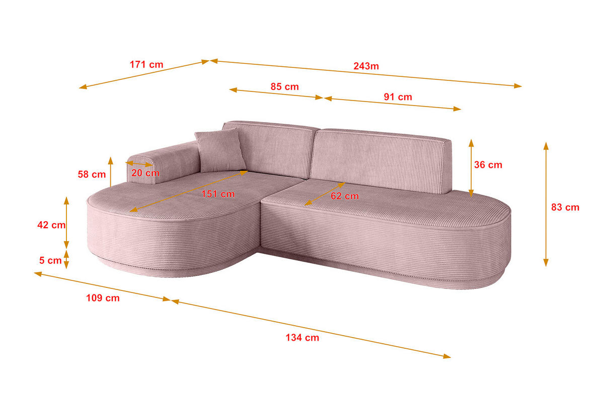 ECKSOFA Ottomane Links MARI-L1-v3 - 243x171x83 cm Rosa Cord - Schwarz/Rosa, Holzwerkstoff/Kunststoff (243/171cm) - ALTDECOR