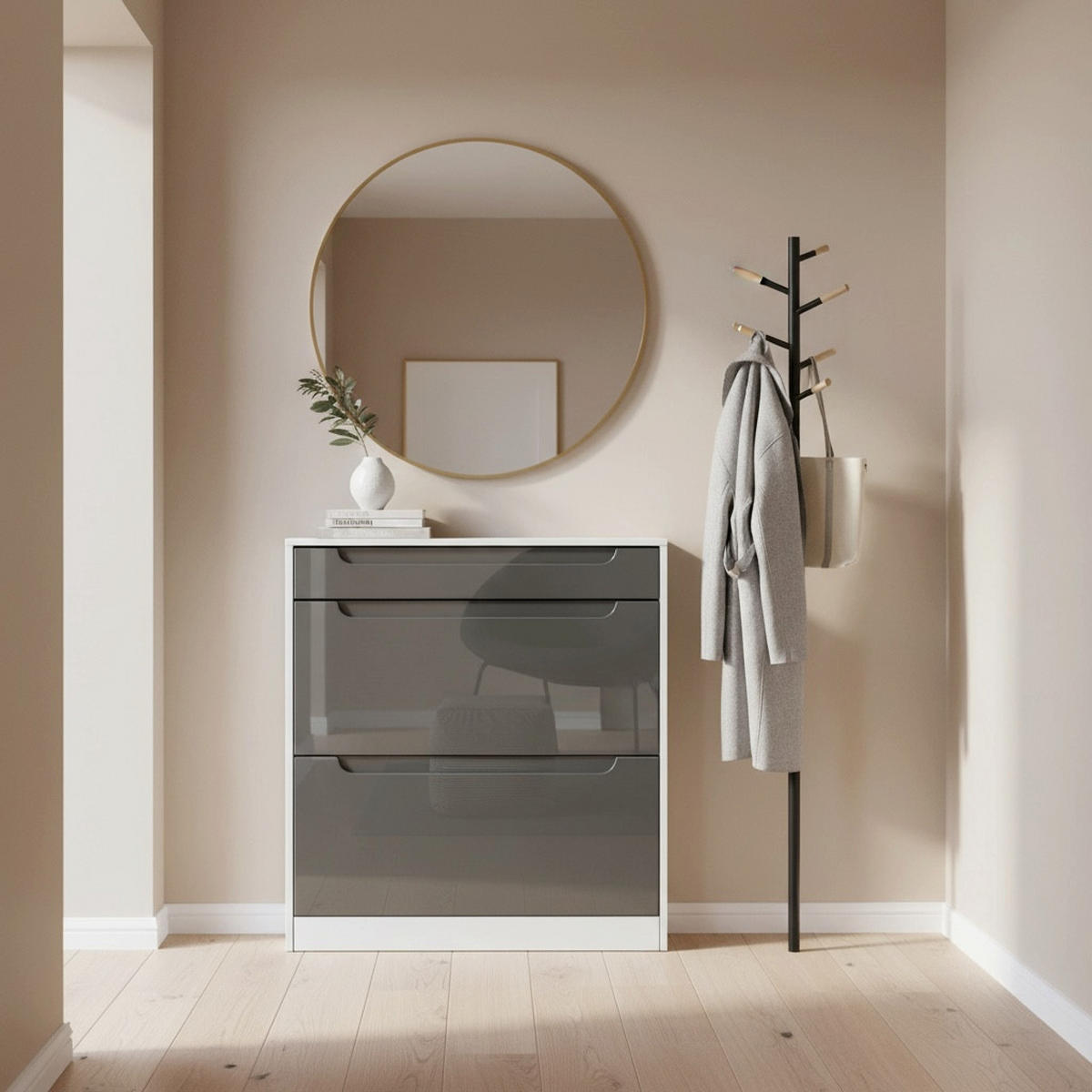 SCHUHSCHRANK Venezia Schmal mit 2 Klappen und 1 Schublade, Platzsparender Schuhkipper, Grau Hochglanz (89 x 95,5 x 23 cm) - Grau, Holzwerkstoff (89/95.5/23cm) - InnoFurn