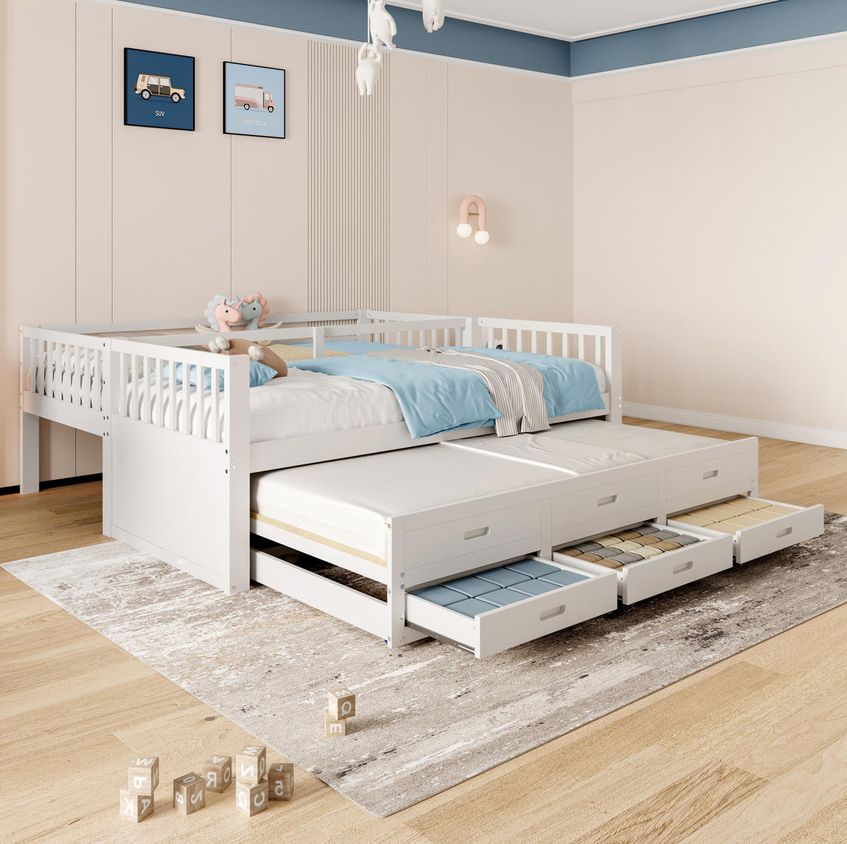 ETAGENBETT 90/200 cm aus Kiefer mit Ausziehbett und 3 Schubladen - Weiß, Holz (90/200cm) - BEAOK
