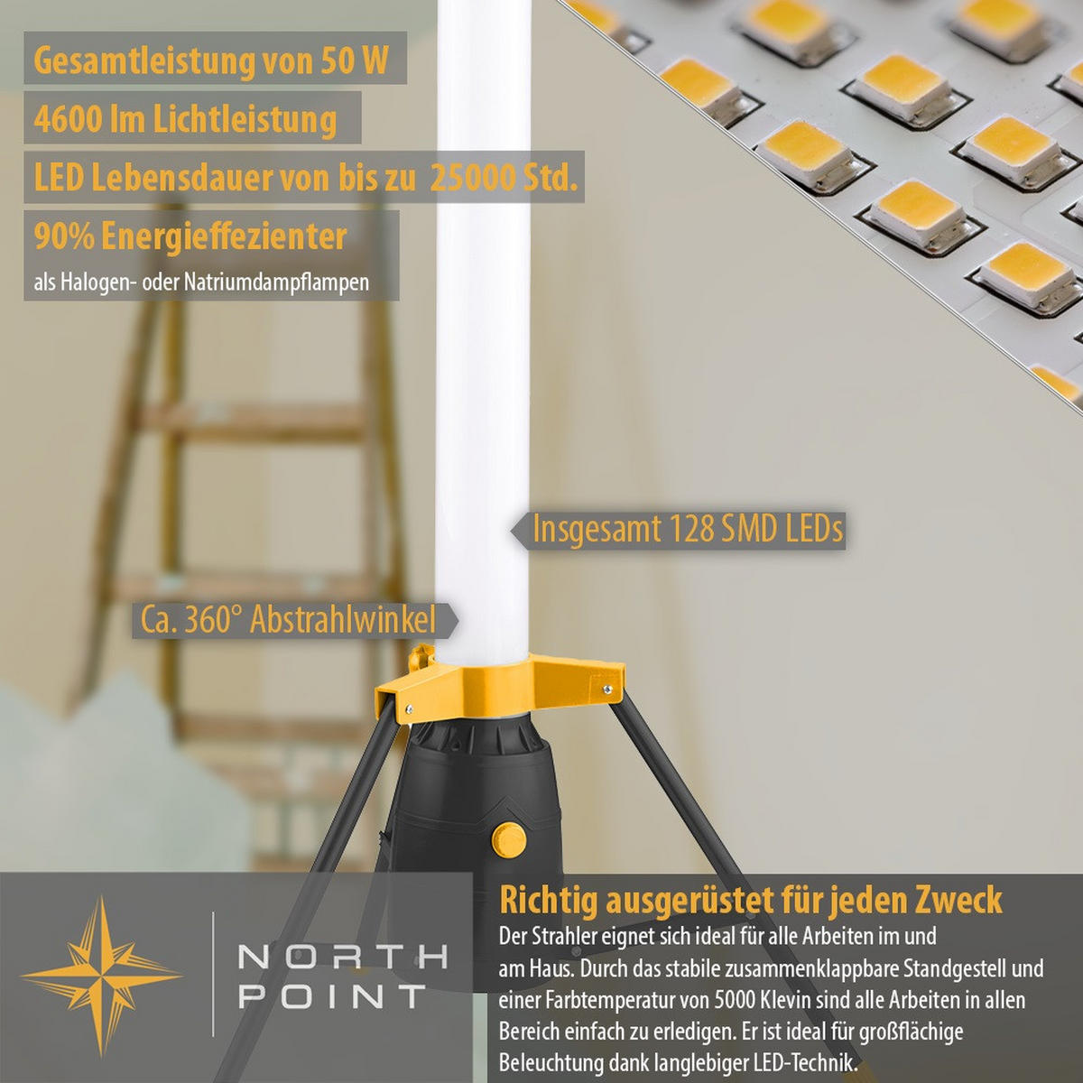 LED-TURM-BAUSTRAHLER - 360° Lichtauslass für Innen- und Außenbereich, dimmbar, 110cm hoch, 2er-Set - Gelb/Schwarz, Kunststoff (57/57/123cm) - Northpoint