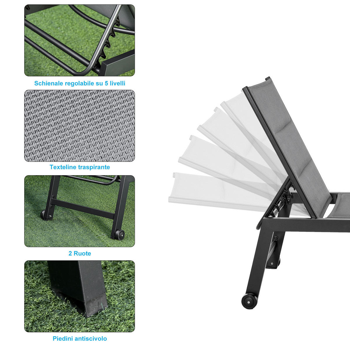 SONNENLIEGE 5-fach verstellbare Gartenliege 168*65*102 cm - Schwarz, Metall (168/102/72cm) - Vallsero