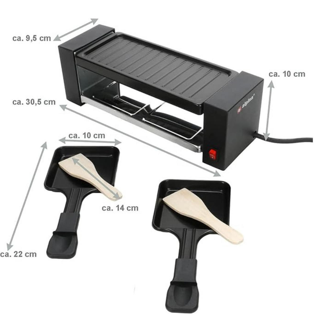 RACLETTEGRILL Mini Tischgrill, 2 Personen, Antihaftbeschichtet, Edelstahl Grill, Raclette Gerät, Pfännchen Set - Schwarz, Metall (10/10/30.4cm) - Alpina