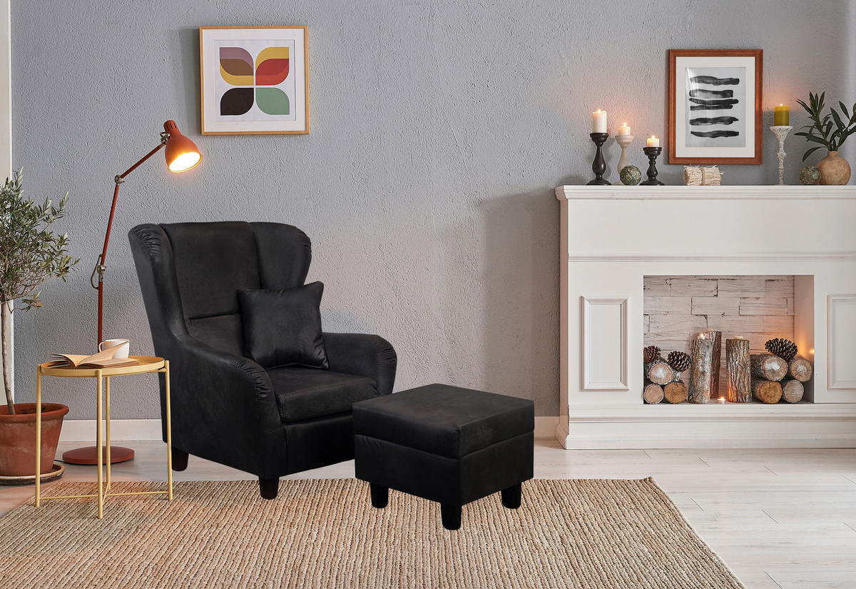 OHRENSESSEL mit HOCKER, hoher Sitzkomfort durch Wellenunterfederung, Mikrofaser Leder-Optik Vintage Schwarz / 18007 - Schwarz, Holz/Textil (90/98/76cm) - luma-home