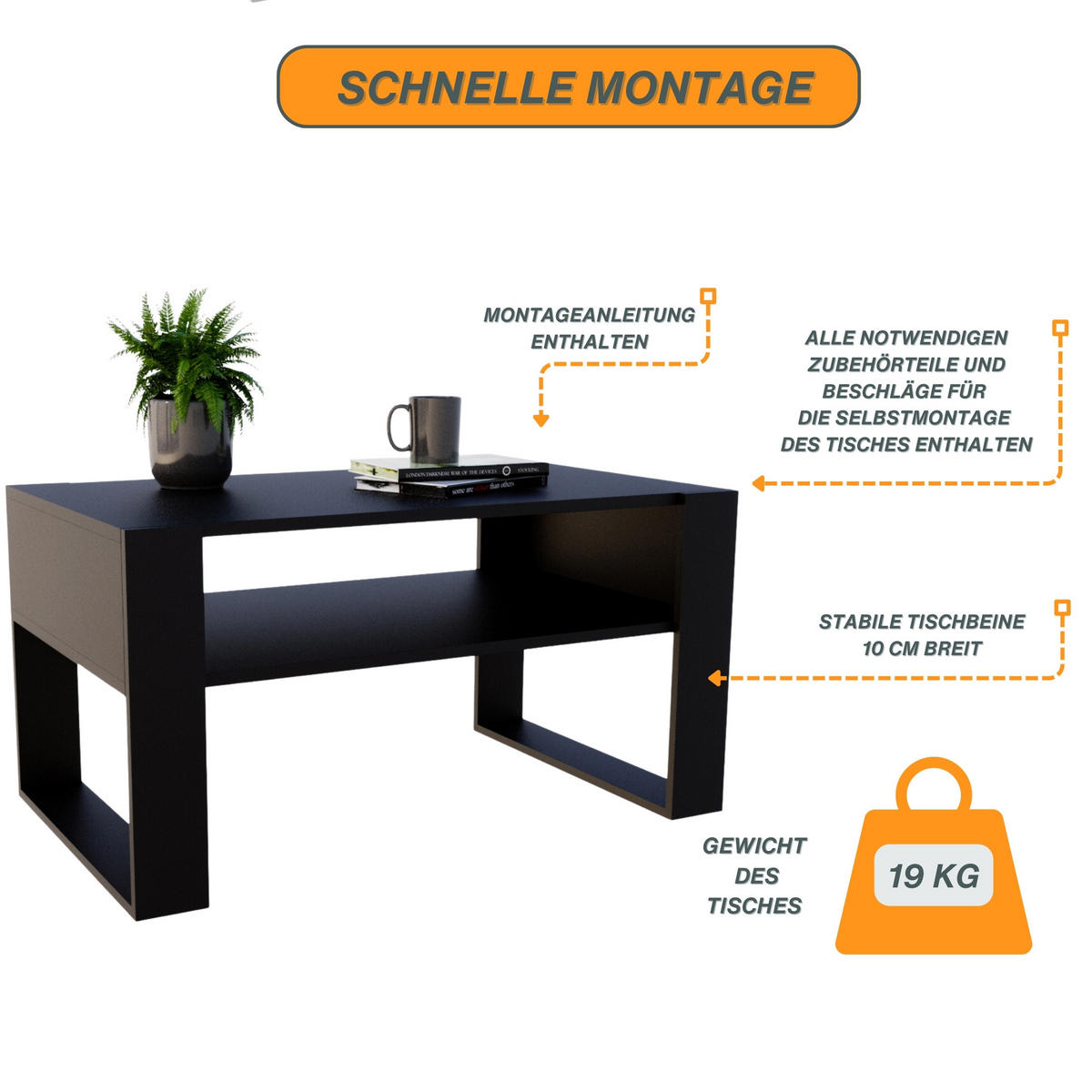COUCHTISCH Holzwerkstoff rechteckig stabil Schwarz 45/53,6/92cm - Schwarz, Holzwerkstoff (53.6/92/45cm) - CraftPAK