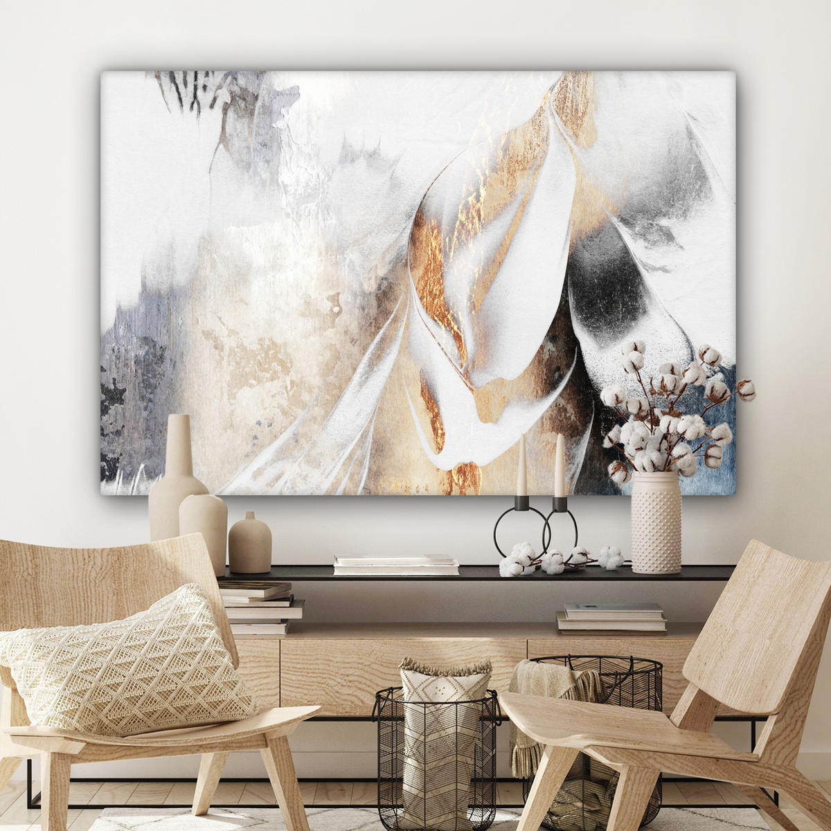 LEINWANDBILD Luxus - Abstrakt - Gold - Weiß Groß 140x90 cm - Goldfarben, Textil (140/90cm) - MuchoWow