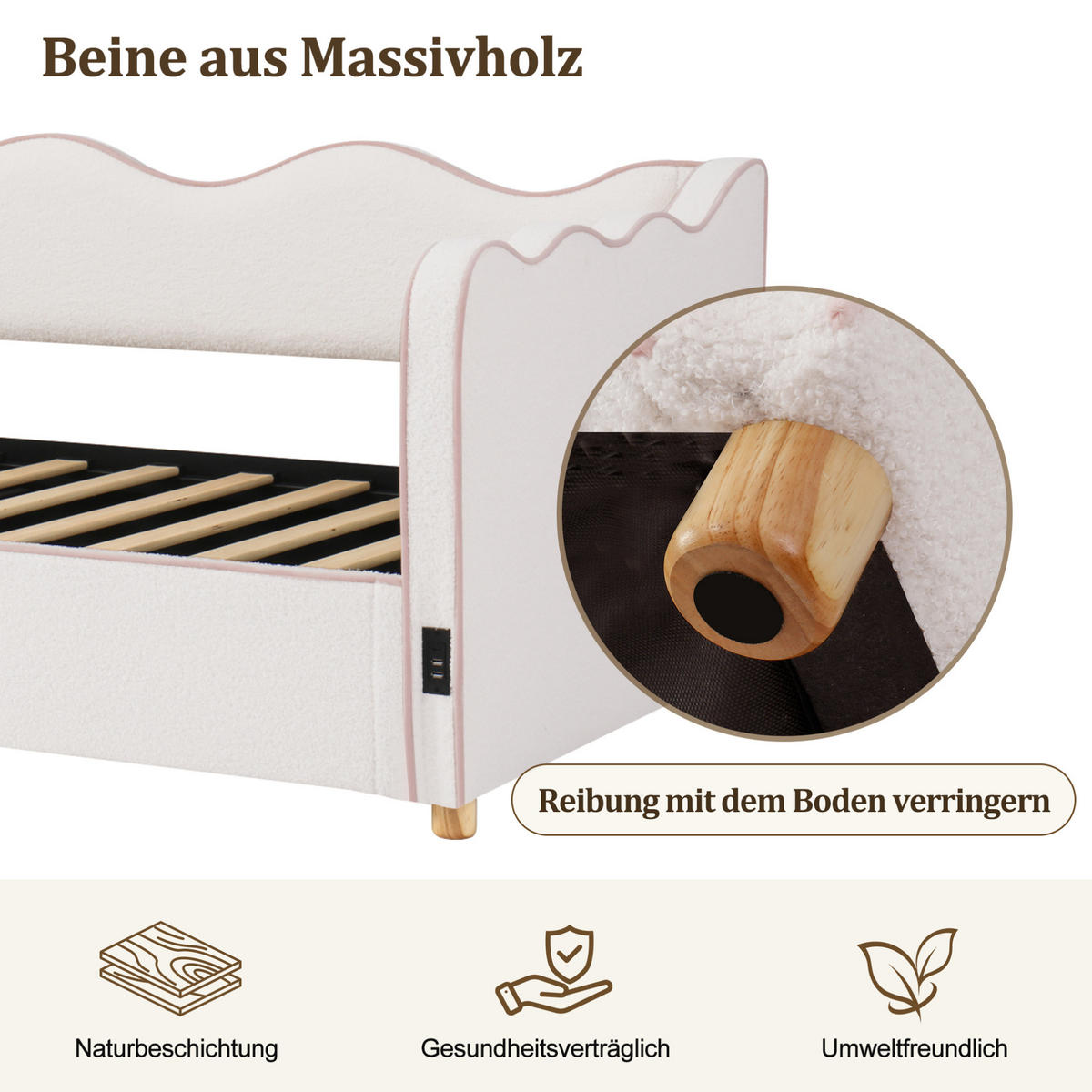 KINDERBETT 90/200 cm mit hydraulischem Stauraum, USB- und Type-C-Anschluss, Bouclé-Bezug, Beige - Beige, Textil (90/200cm) - Redom
