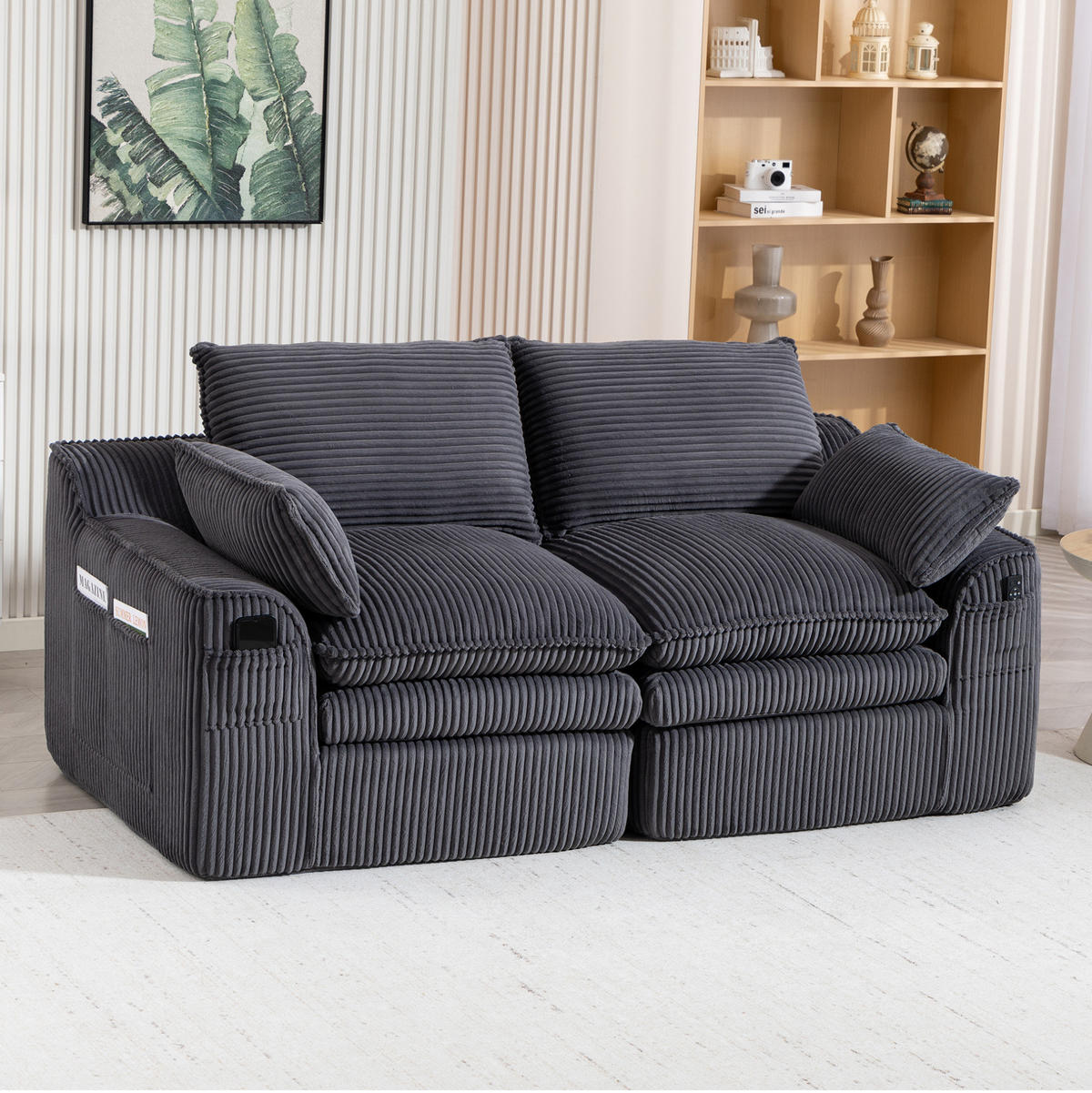 2-SITZER Sofa aus Cord 191x94x85 cm Dunkelgrau mit Seitentaschen, Kissen und Federkern - Dunkelgrau, Textil (191/85/94cm) - Modfu