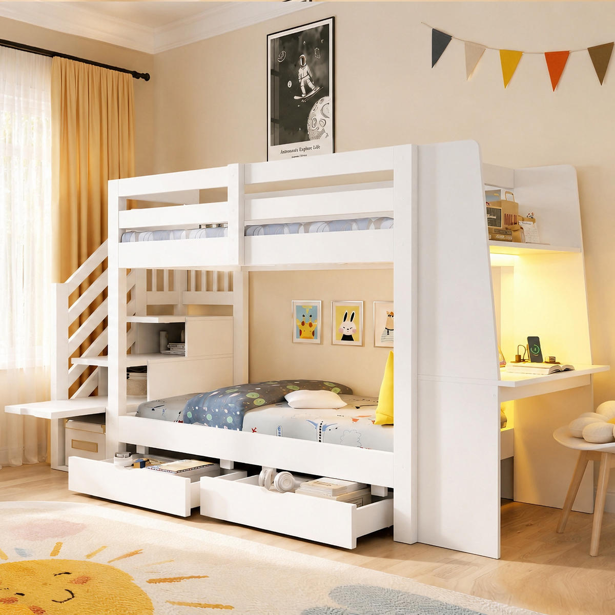 ETAGENBETT 90 x 200 cm mit Schreibtisch, LED und Schubladen, Weiß - Weiß, Holz (90/200cm) - FLIEKS