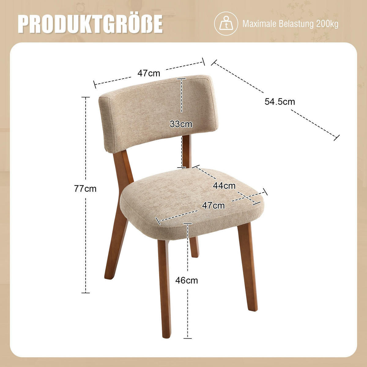 STÜHLE 2er-Set Esszimmerstuhl,Massivholz,Leinenstoff,Khaki - Braun, Textil (47/77/54.5cm) - LVHOM