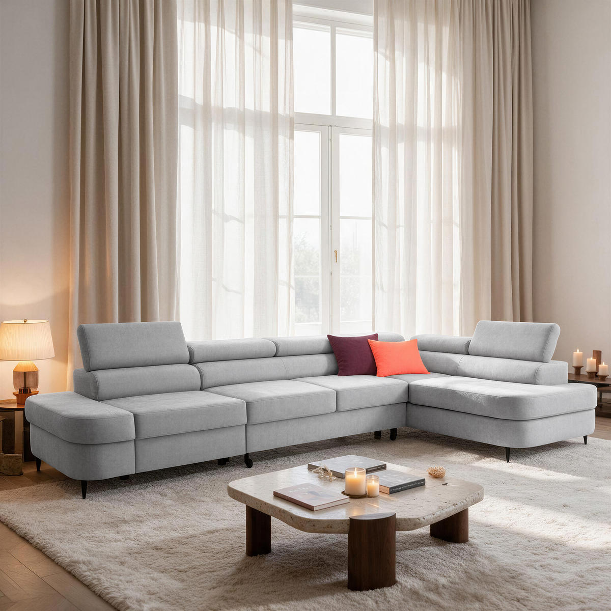 ECKSOFA PRIAM MAXI L-Form Rechts mit Schlaffunktion 125x195 Velours Hellgrau - Hellgrau/Schwarz, Holz/Textil (350/203cm) - Muffo
