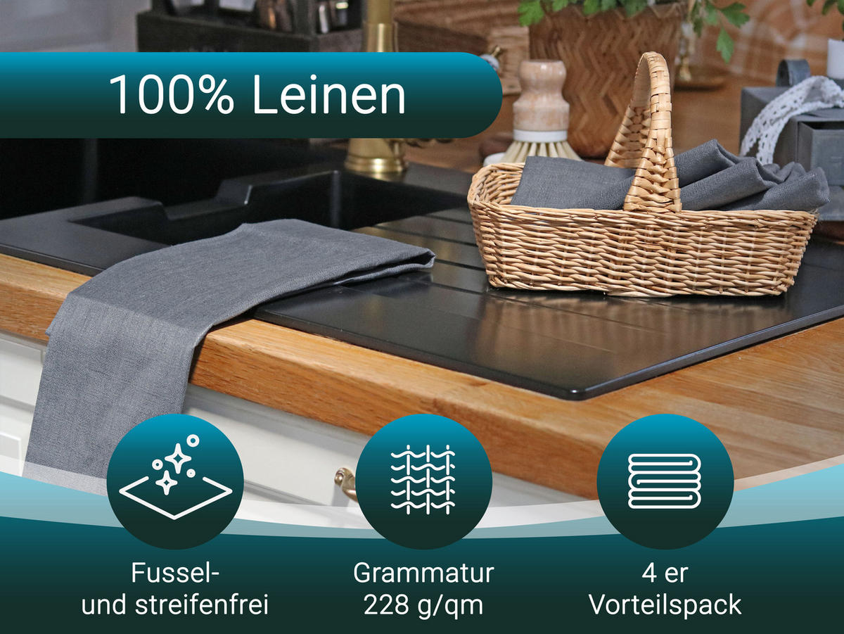 GESCHIRRTÜCHER, 4er-Set, 50x70 cm, 100% Leinen, Grau - Grau, Textil (50/70cm) - Zollner