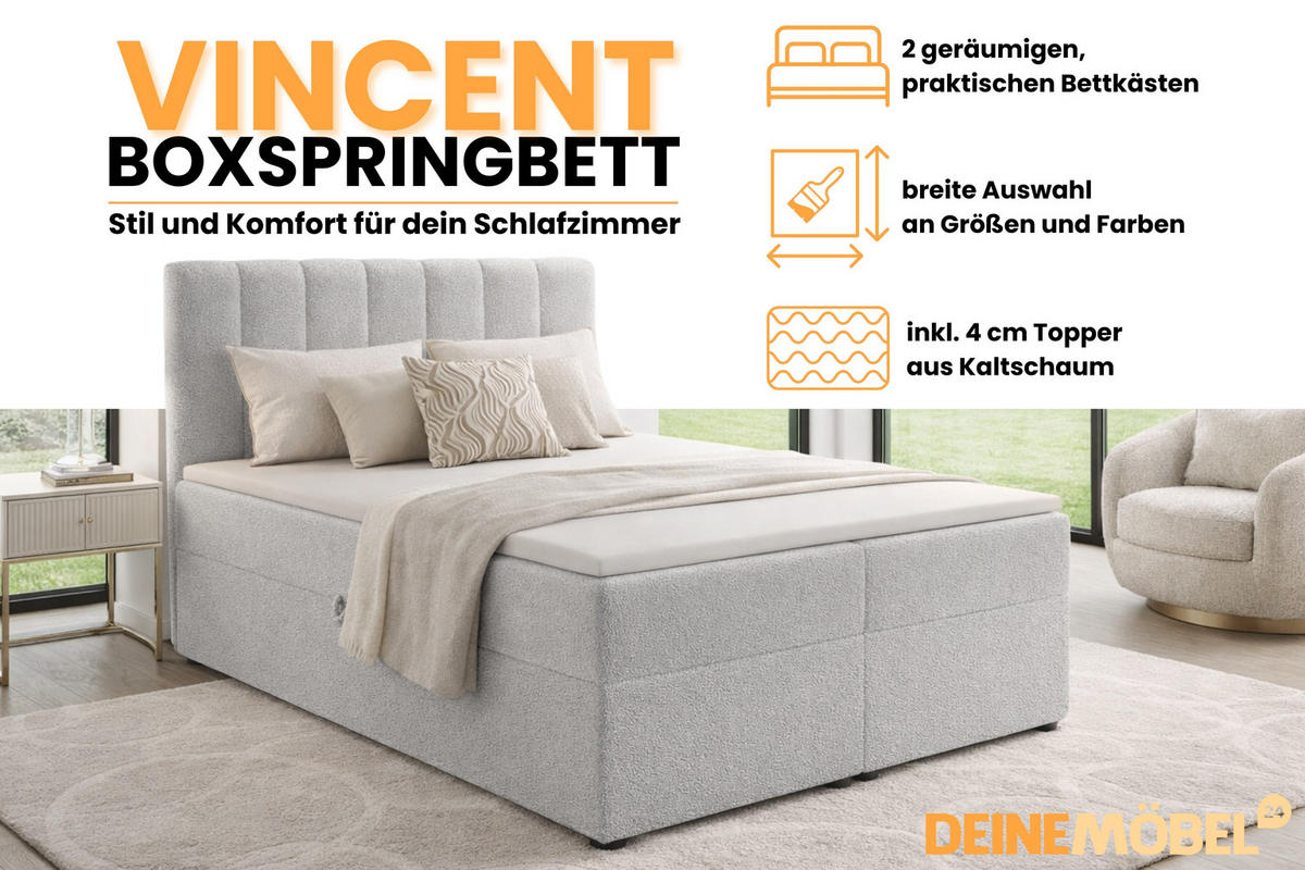 BOXBETT VINCENT 120/200 in Boucle Hellgrau H3 - Hellgrau, Holz/Holzwerkstoff (120/200cm) - Deine Möbel 24