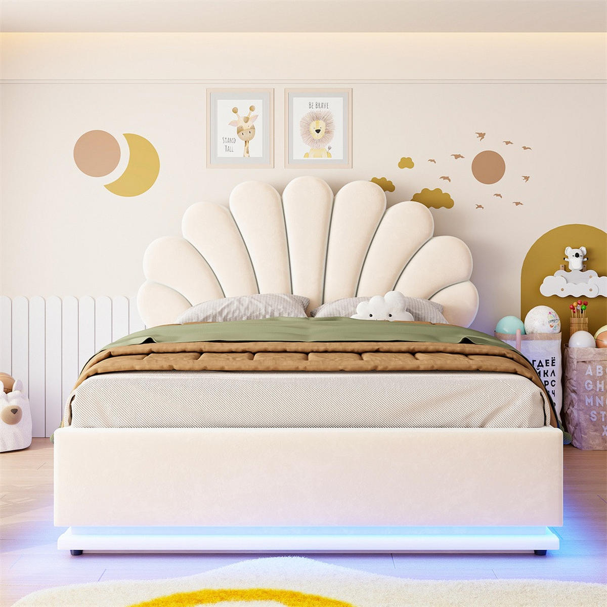 POLSTERBETT 140x200 cm mit Blüten-Kopfteil - LED Beleuchtung & hydraulischem Stauraum - Beige - ohne Matratze - Beige, Textil (140/200cm) - DELFA