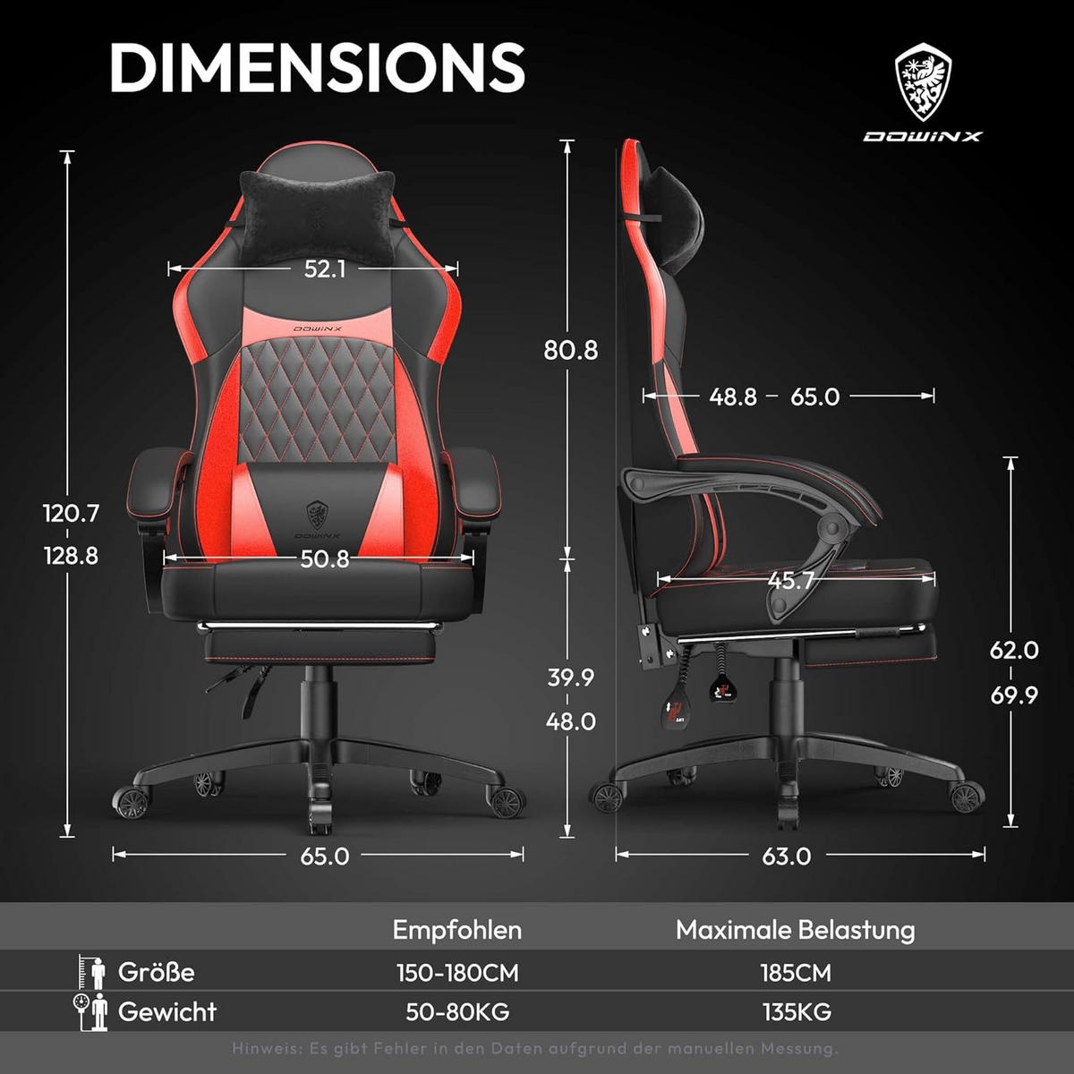 GAMING-STUHL ergonomischer mit Lendenwirbelstütze, Fußstütze, PU-Leder - Rot, Leder (65/127/63cm)