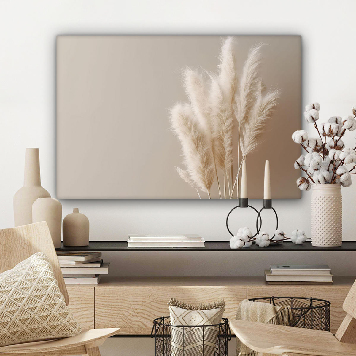 LEINWANDBILD Pampasgras - Federn - Pastell - Weiß Wanddeko 90x60 cm - Naturfarben, Textil (90/60cm) - MuchoWow