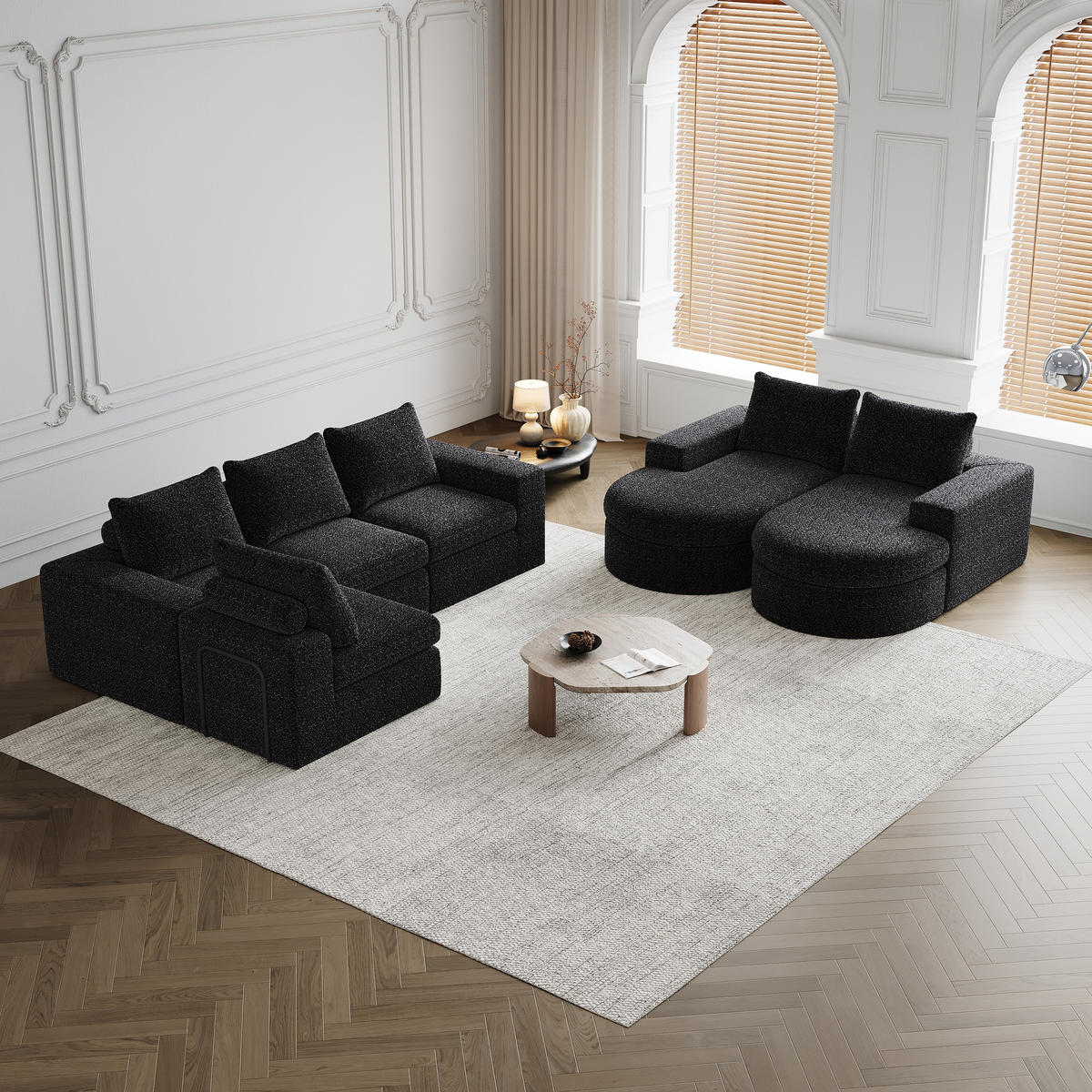 SCHLAFSOFA aus Chenille mit Liegestuhl, 2-teilig - Schwarz, Textil (322.5/81.2/217.7cm)