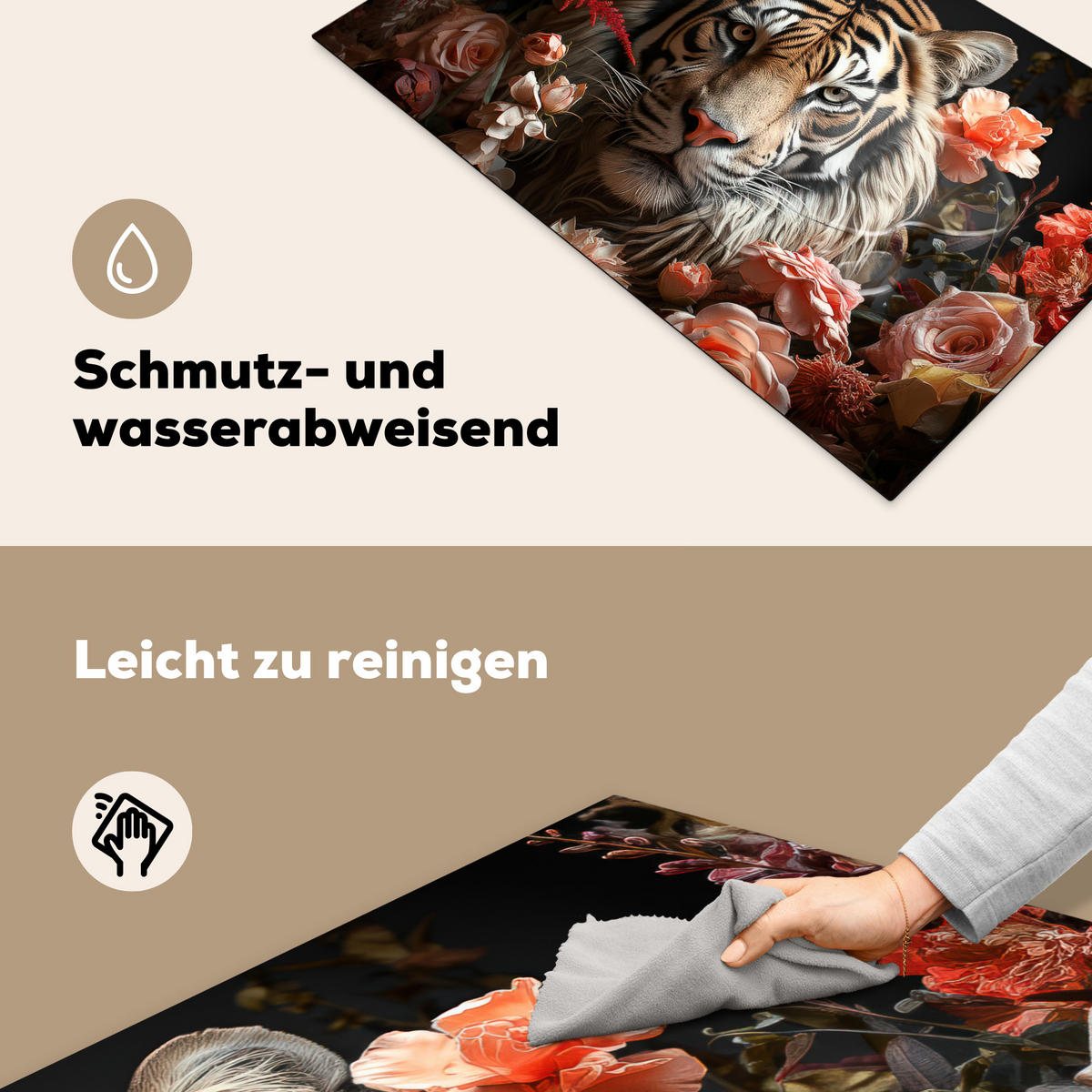 HERDABDECKPLATTE Tiger - Tier - Natur - Floral - Botanisch Ceranfeldabdeckung 85x52 cm - Orange, Kunststoff (85/52/0.2cm) - MuchoWow