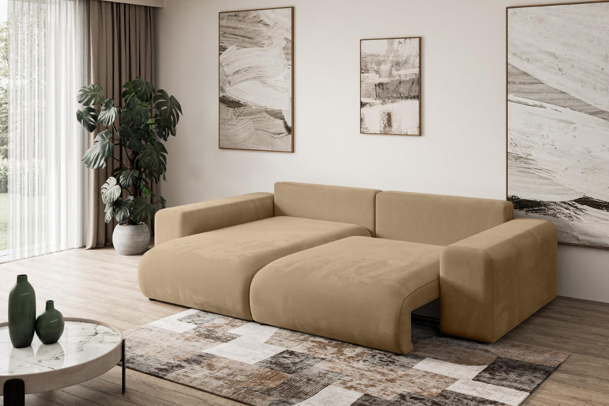 ECKSOFA mit Schlaffunktion und Bettkasten ESKAR-L 256x165x84cm Beige Velours - Beige/Schwarz, Holzwerkstoff/Kunststoff (165/256cm) - ALTDECOR