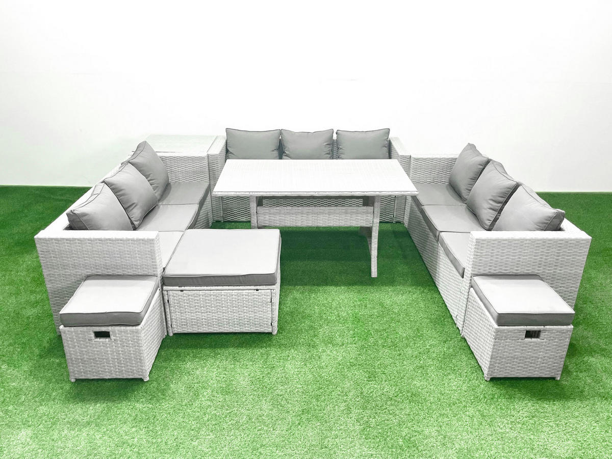 GARTENSET mit Esstisch,Sofa ,Beistelltisch,3 Fußhocker Polyrattan Hellgrau 12-Sitzer - Hellgrau/Grau, Glas/Kunststoff - Fimous