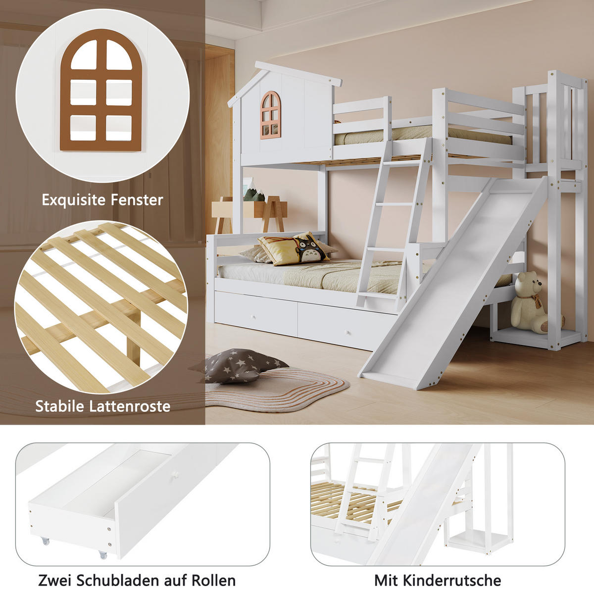 ETAGENBETT 90/200 & 120/200 cm mit Rutsche und 2 Schubladen in Weiß - Weiß, Holz (90/200cm) - BEAOK