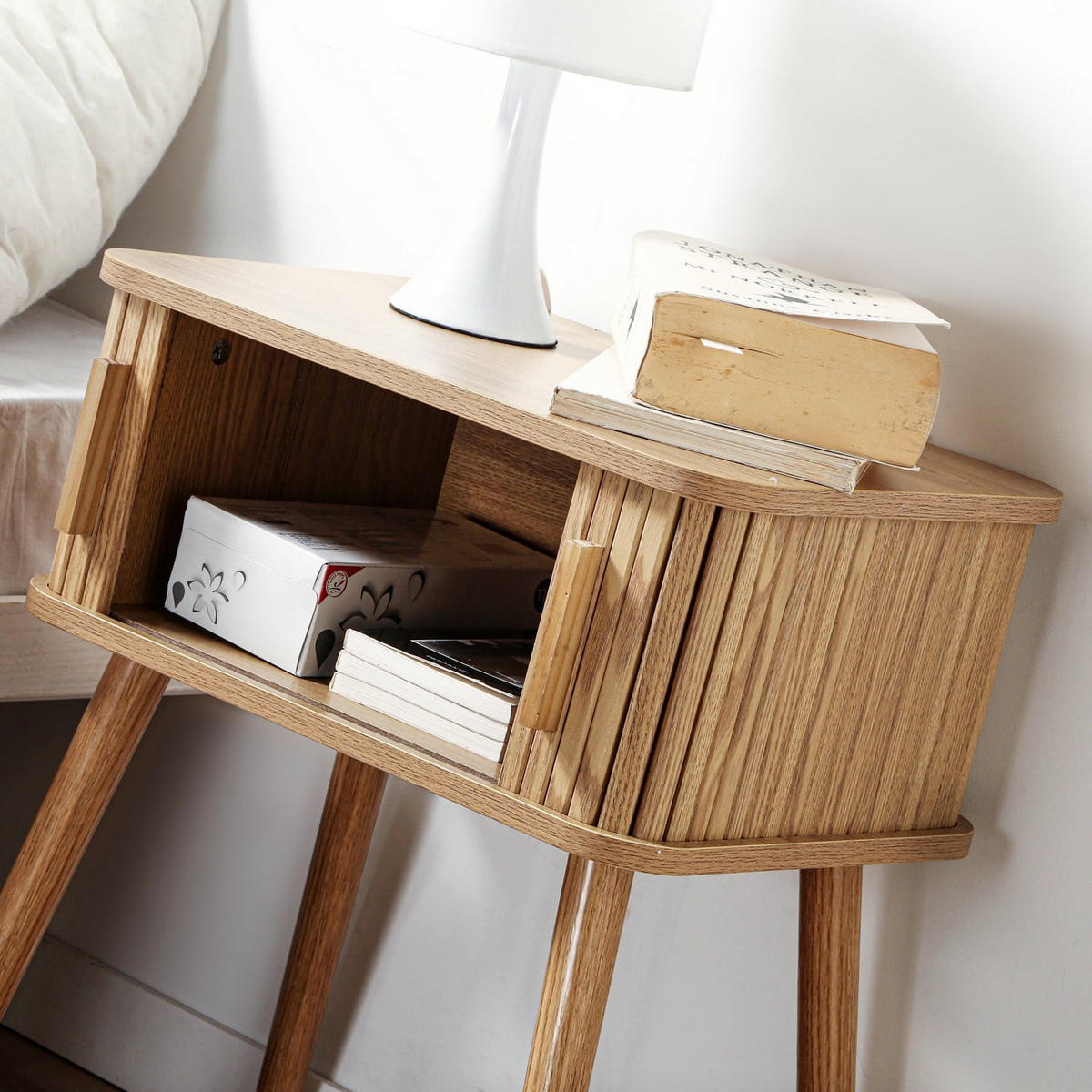 NACHTTISCH mit Eichenmuster 2 Schiebetüren H59 cm - Ernest - Eschefarben, Holzwerkstoff (35/58.5/48cm) - Calicosy