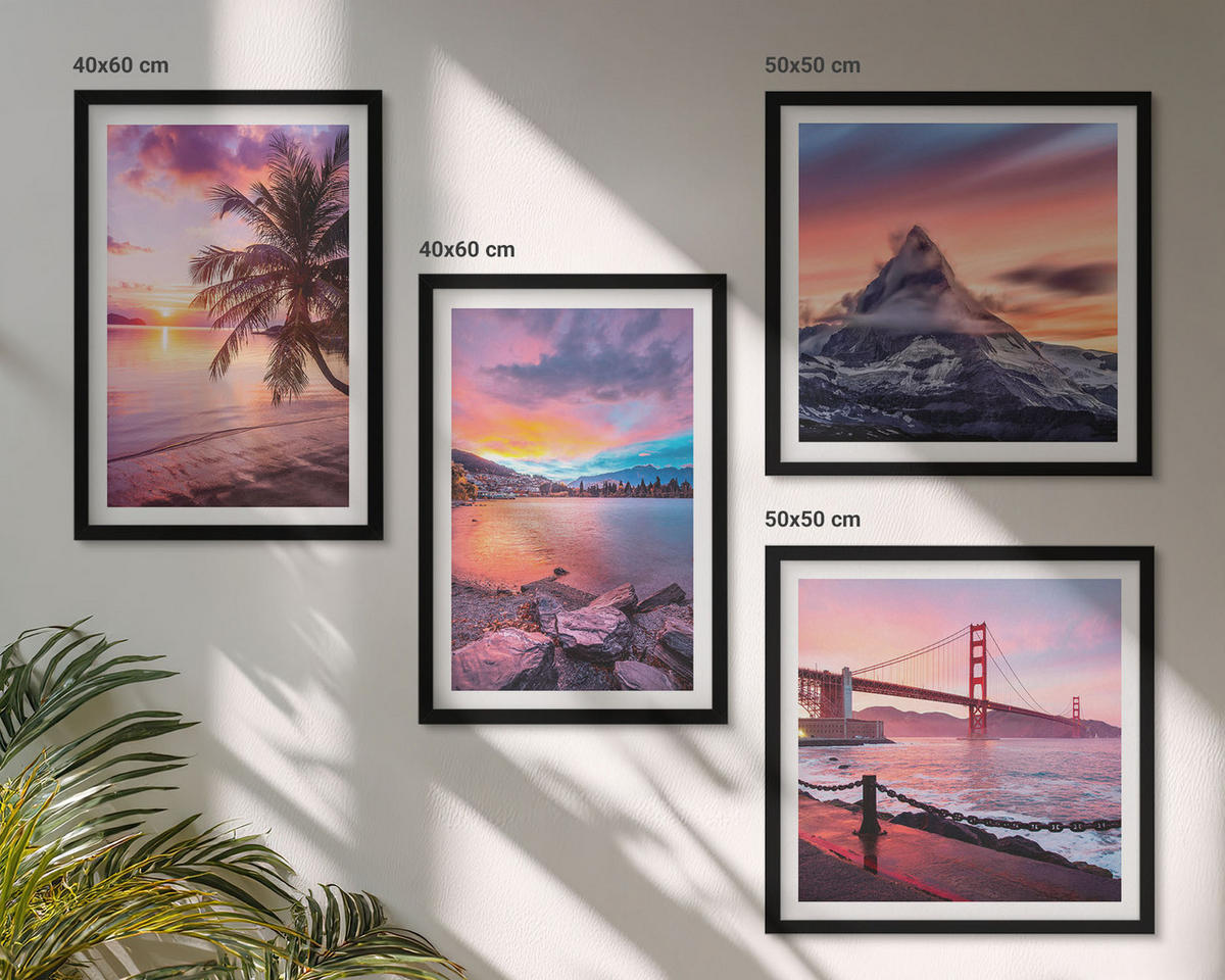 BILDER SET 4er Set - 50x50 cm & 40x60 cm Schwarzer Rahmen - Sonnenuntergangsbrücke Landschaft - Schwarz, Kunststoff (50/50cm) - TULUP