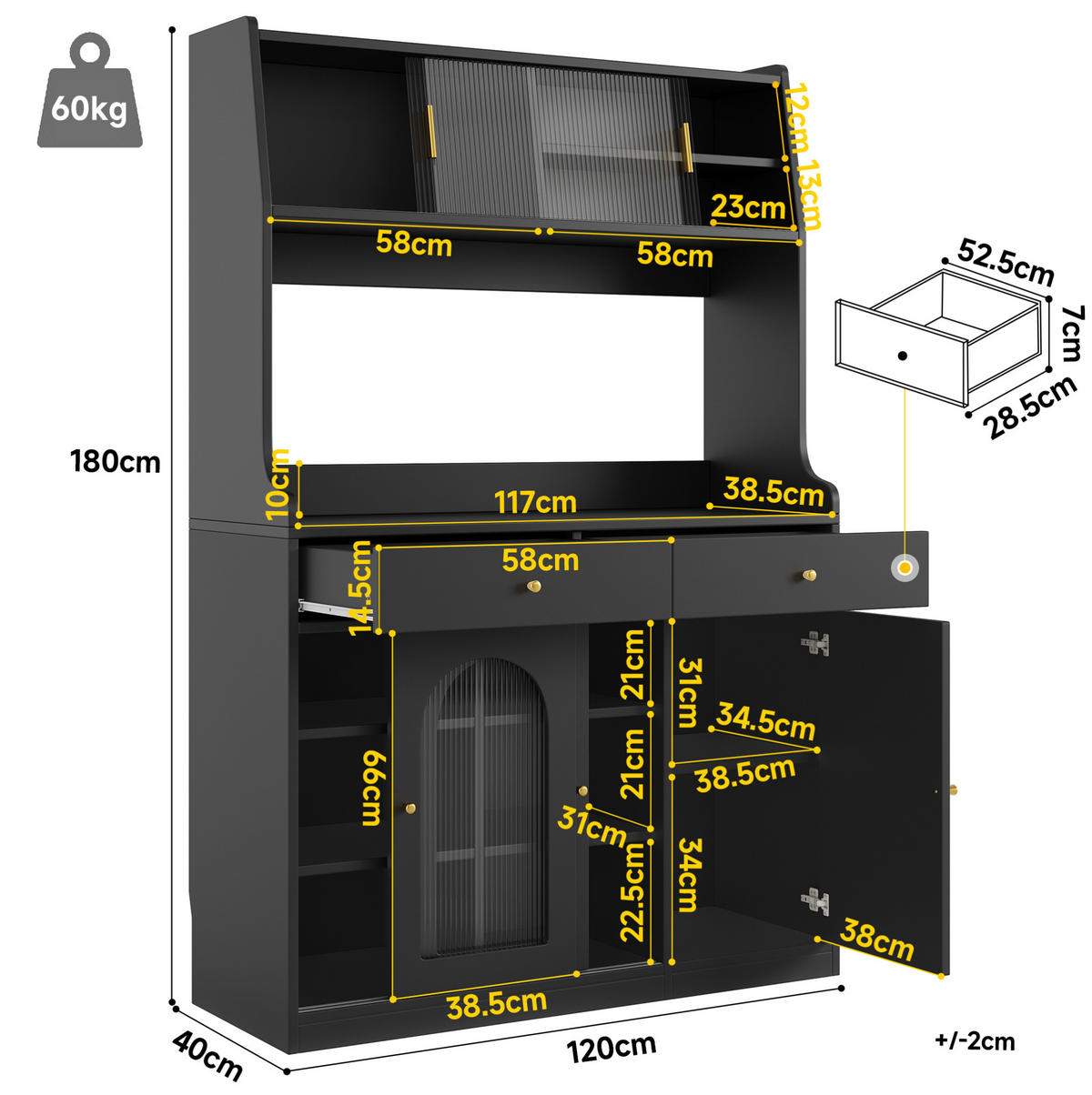 ANRICHTE Hochschrank 120/40/180 cm aus MDF und Holzwerkstoff mit LED-Beleuchtung Schwarz - Schwarz, Holzwerkstoff (120/180/40cm) - Modenvie