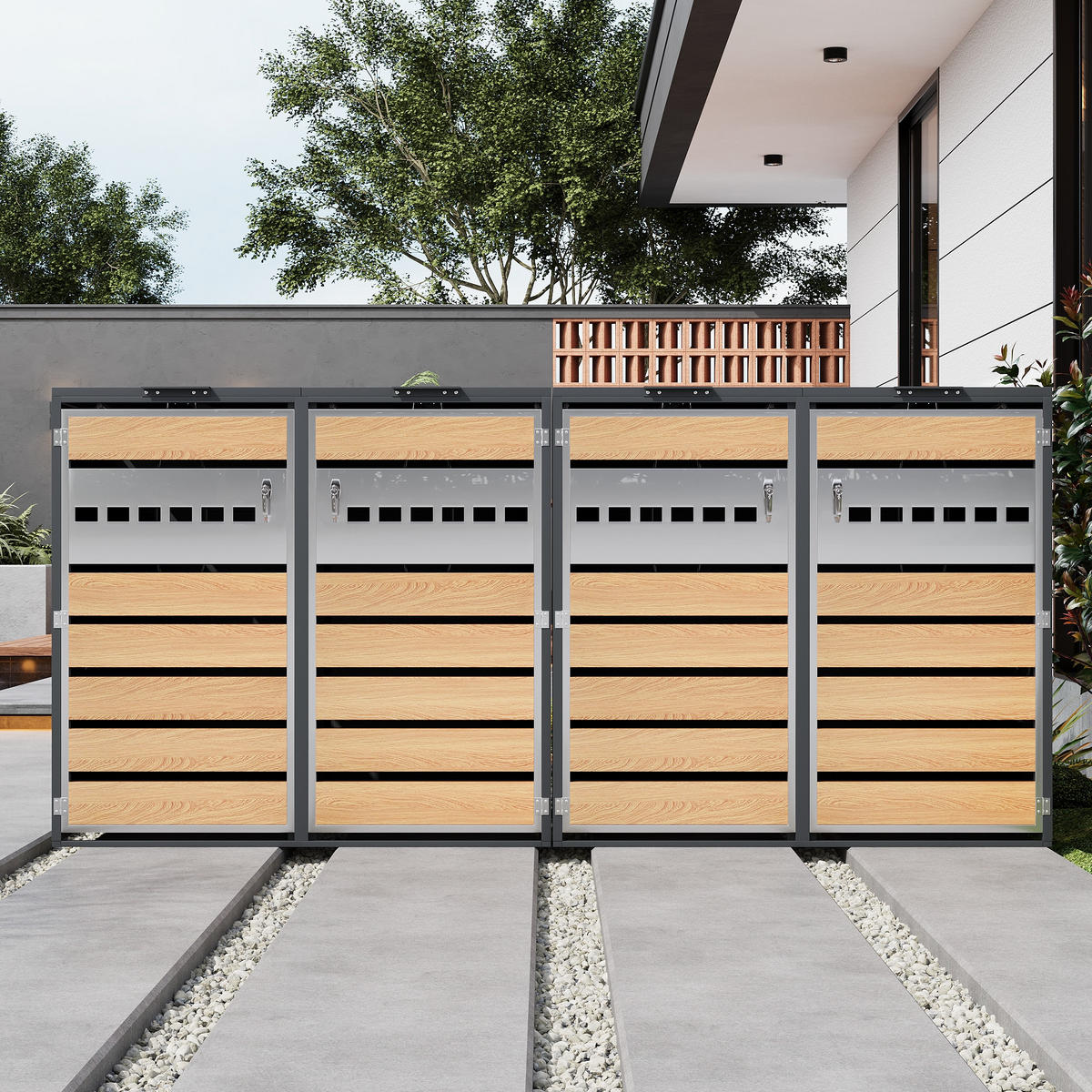MÜLLTONNENBOX 4 Türen Holzoptik abschließbar Klappdeckel - Multicolor, Metall (160/236/264cm) - FLIEKS