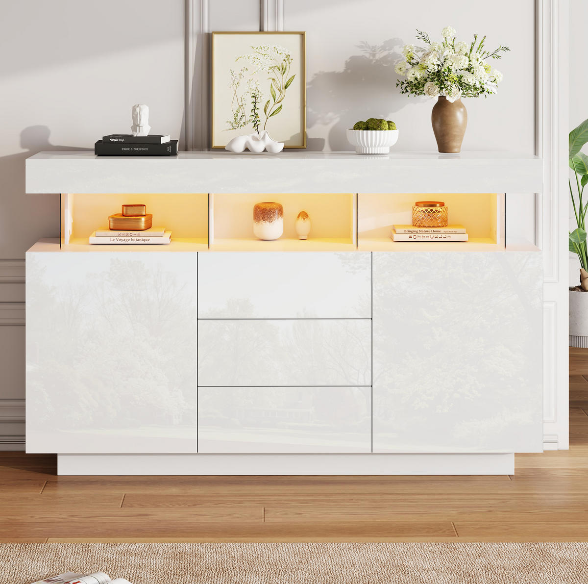 SIDEBOARD 140/35/80 cm in Weiß Hochglanz mit 3 Schubladen & LED-Beleuchtung - Weiß, Holzwerkstoff (140/80/35cm) - BEAOK