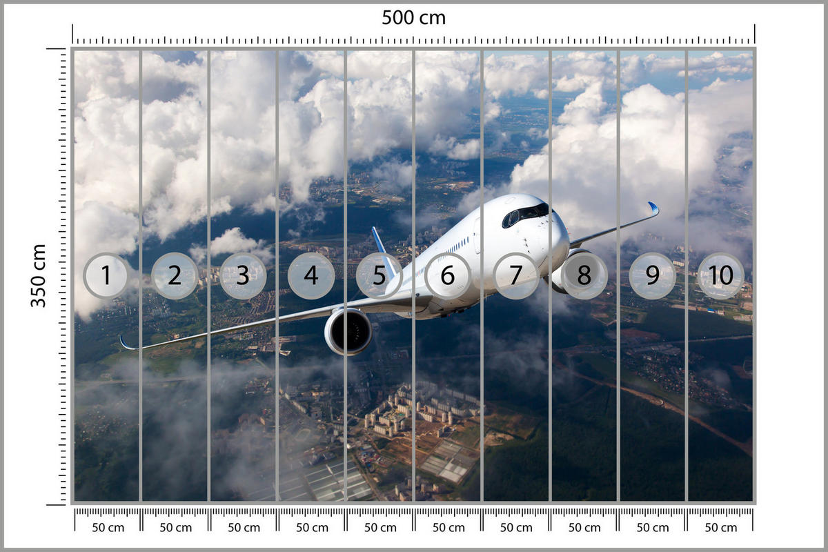 FOTOTAPETE für Jugendzimmer Flugzeug Start Wolken Himmel 500x350 - Blau/Beige, Papier (500/350cm) - Muralo
