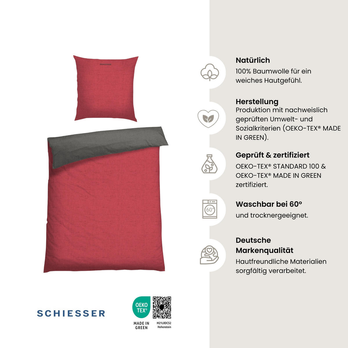BETTWÄSCHESET Doubleface - Renforcé - 2-teilig - 155 x 220 cm - Rot-Dunkelgrau - Dunkelgrau/Rot, Textil (155/220cm) - SCHIESSER