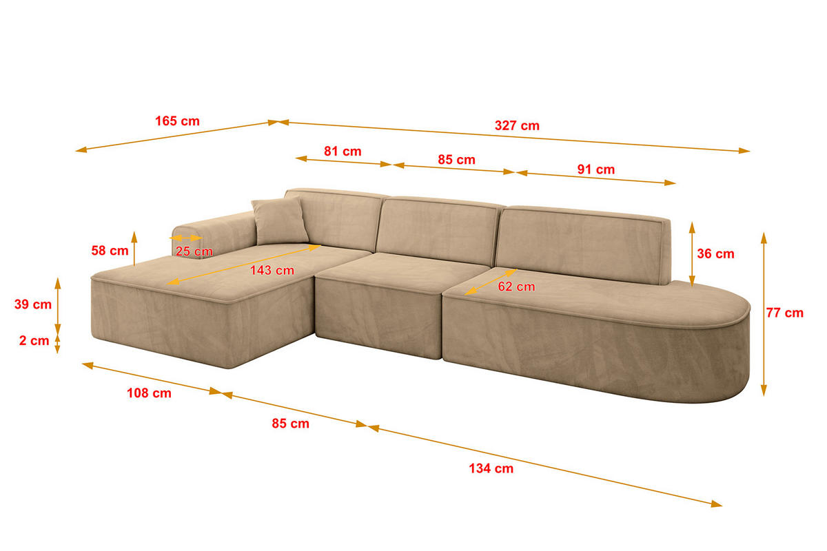 ECKSOFA Ottomane Links IREA-L2-v3 - 328x171x79 cm Beige - Beige/Schwarz, Holzwerkstoff/Kunststoff (328/171cm) - ALTDECOR