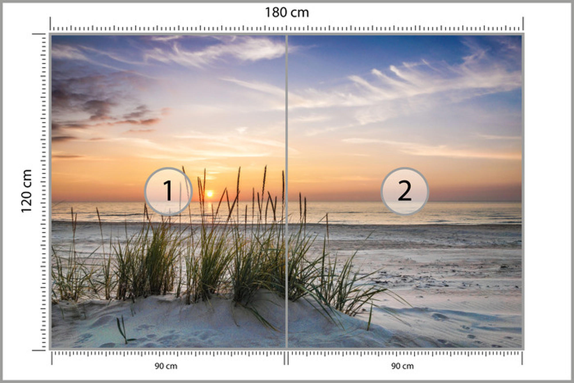 FOTOTAPETE Meer STRAND Dünen Sonnenuntergang Landschaft 3D 180x120cm - Blau/Beige, Papier (180/120cm) - Muralo