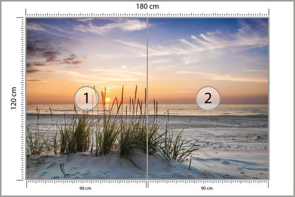 FOTOTAPETE Meer STRAND Dünen Sonnenuntergang Landschaft 3D 180x120cm - Blau/Beige, Papier (180/120cm) - Muralo
