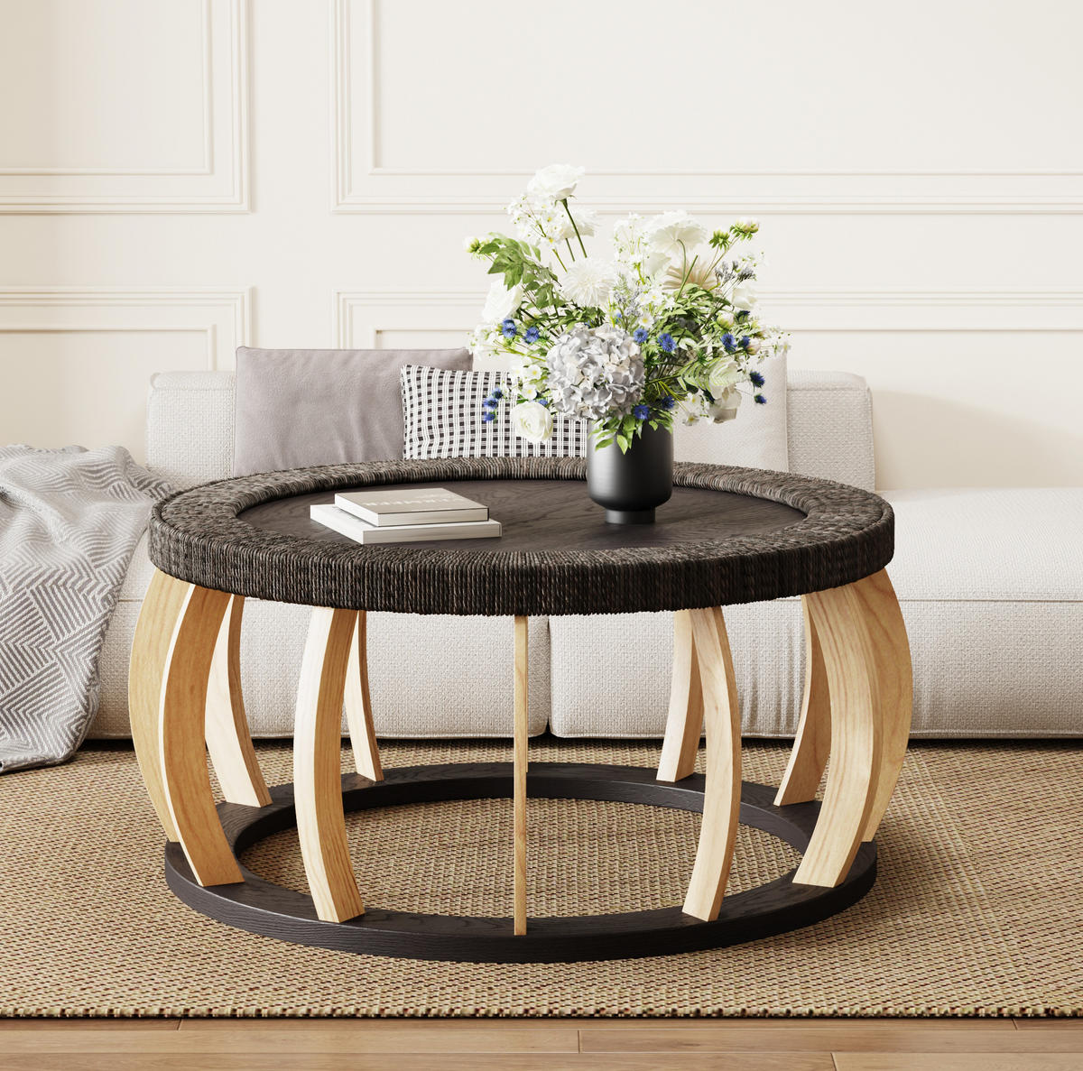 COUCHTISCH 90/90/43 cm schwarzbraun aus Massivholz und MDF mit Rattan-Optik - Schwarz, Holzwerkstoff (90/90/43cm) - OKWISH