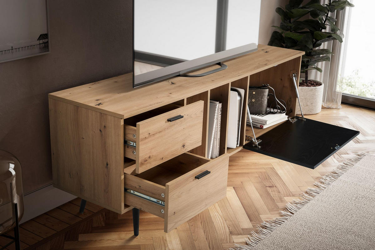 TV-LOWBOARD mit Eiche-Dekor, Tür und Schubladen, kompakte Aufteilung, Braun-Schwarz 150x40x55 cm - Schwarz/Braun, Holzwerkstoff/Metall (150/55/40cm) - KADIMA DESIGN
