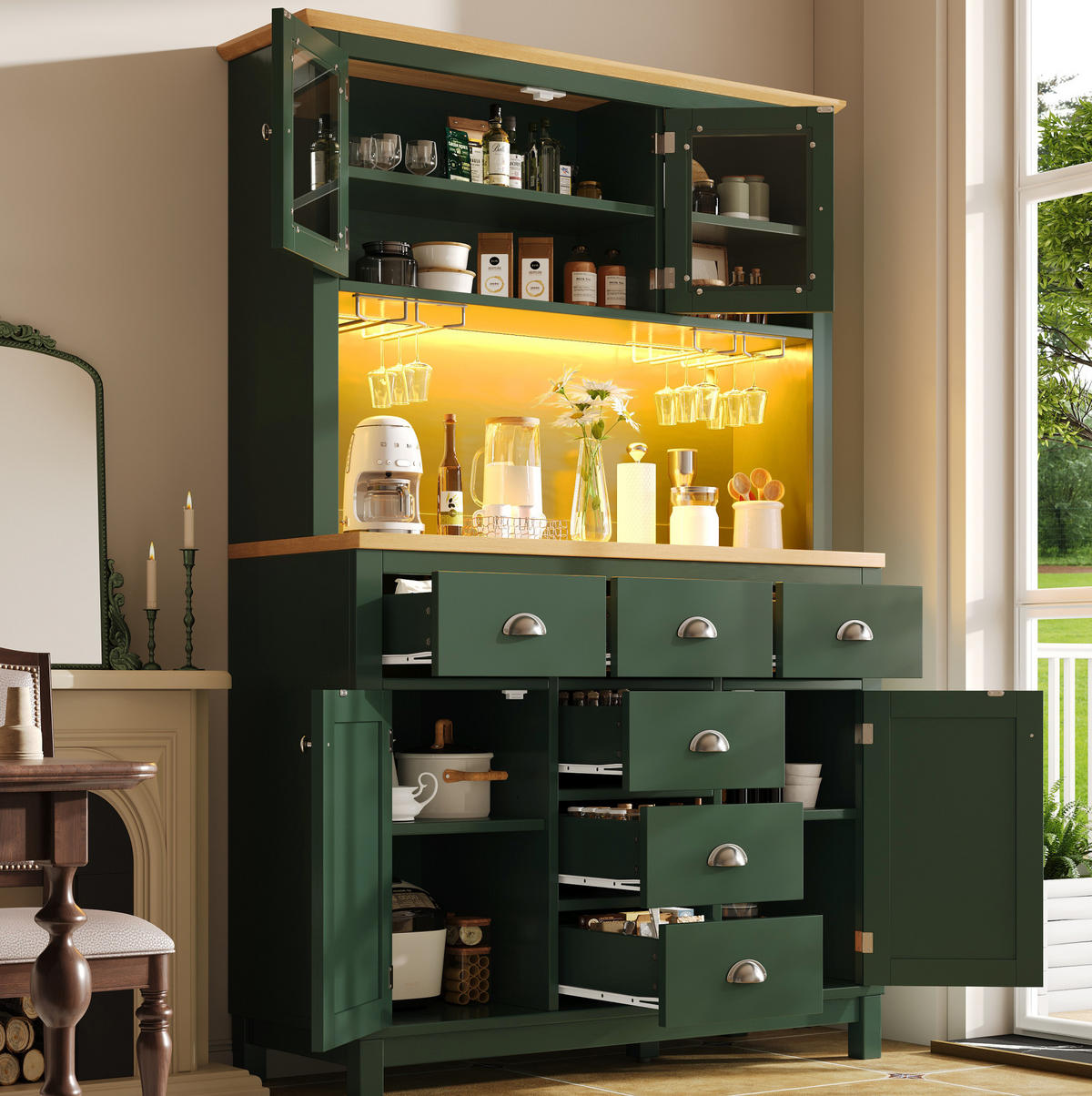 BUFFETSCHRANK mit LED-Lichtleiste 104x40x180 cm MDF Grün - Grün, Holzwerkstoff (40/180/104cm) - Meubliv