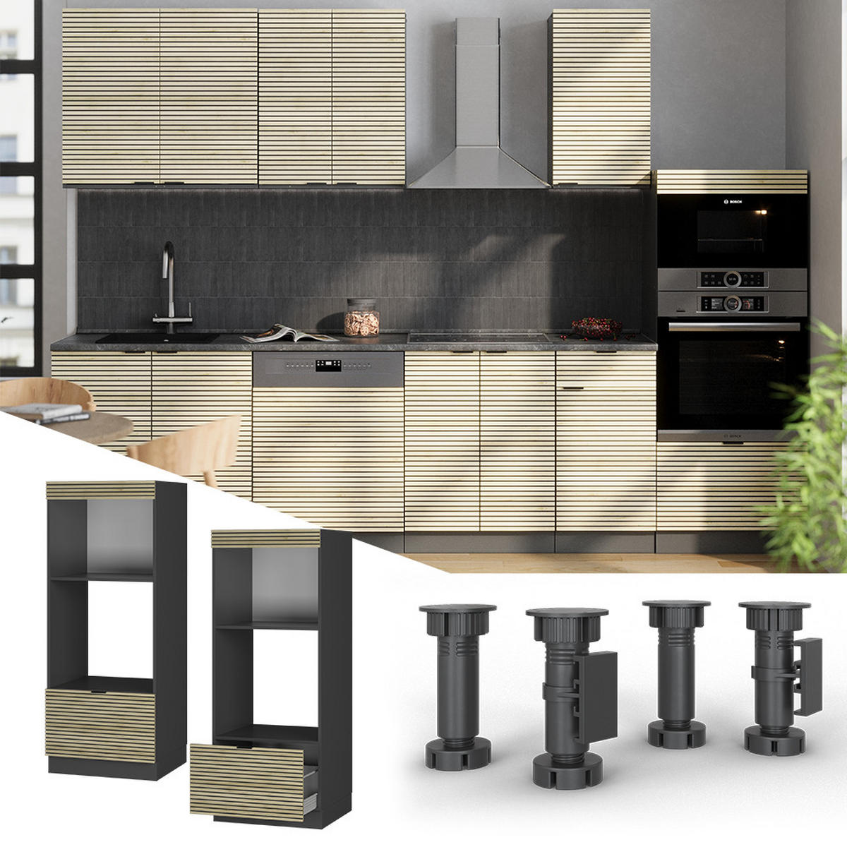 SKŘÍŇKA NA MIKROVLNNOU TROUBU Fame-Line Dubový panel - antracitová/barva dubu, kompozitní dřevo (60/153.6/58.1cm) - Vicco