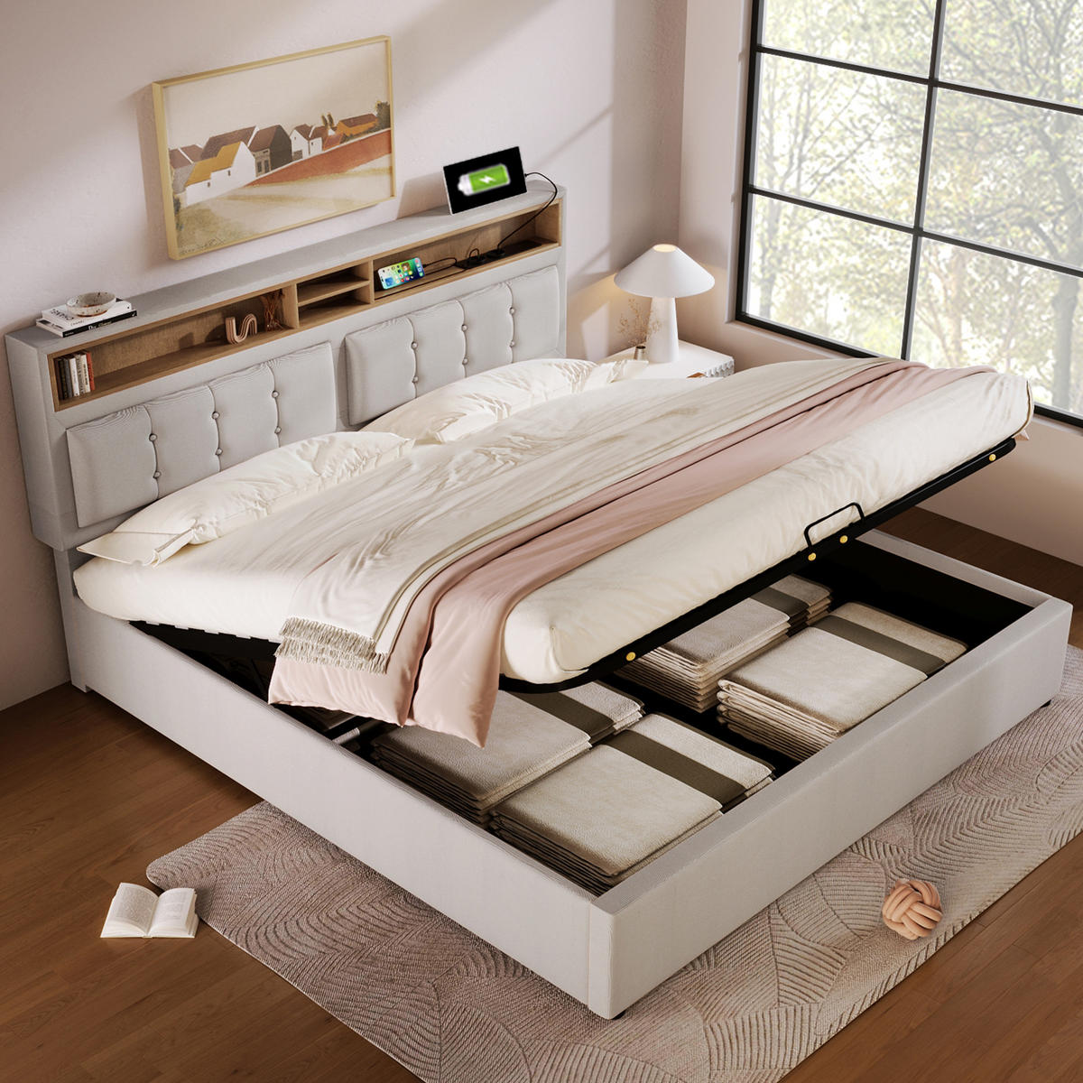 POLSTERBETT mit Stauraum & USB 140x200 cm Beige inkl. Matratze - Beige, Metall (140/200cm) - Meubliv