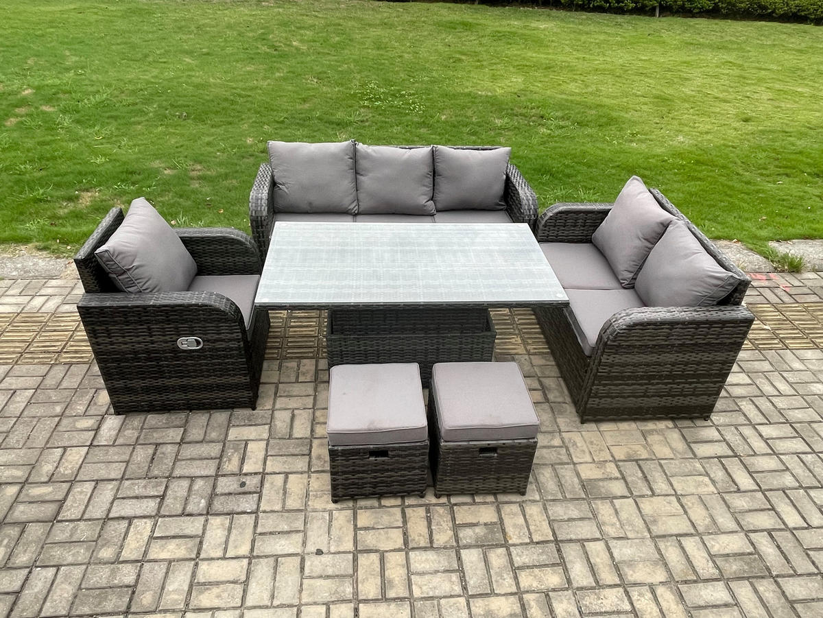 GARTENMÖBEL SET mit 3-Sitzer Sofa, Stuhl Höhenverstellbarer Esstisch 8-Sitzer Grau - Dunkelgrau/Grau, Glas/Kunststoff - Fimous