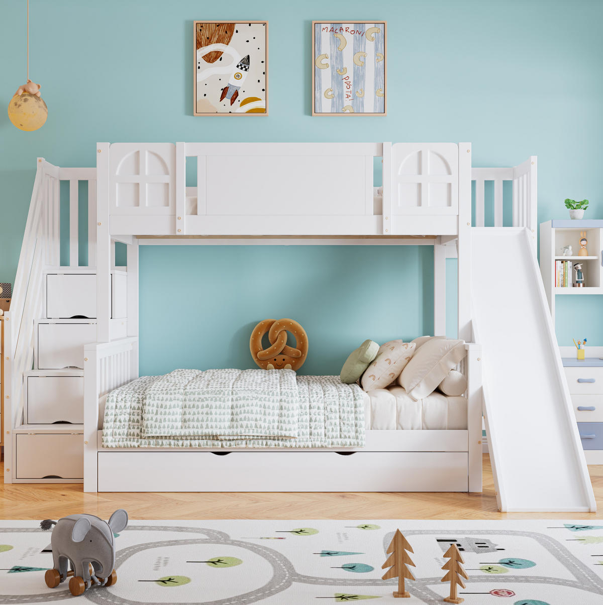 ETAGENBETT aus Kiefernholz und MDF 90x200/120x200 cm Weiß mit Stauraumtreppe und Rutsche - Weiß, Holzwerkstoff (90/200cm) - IVMEU