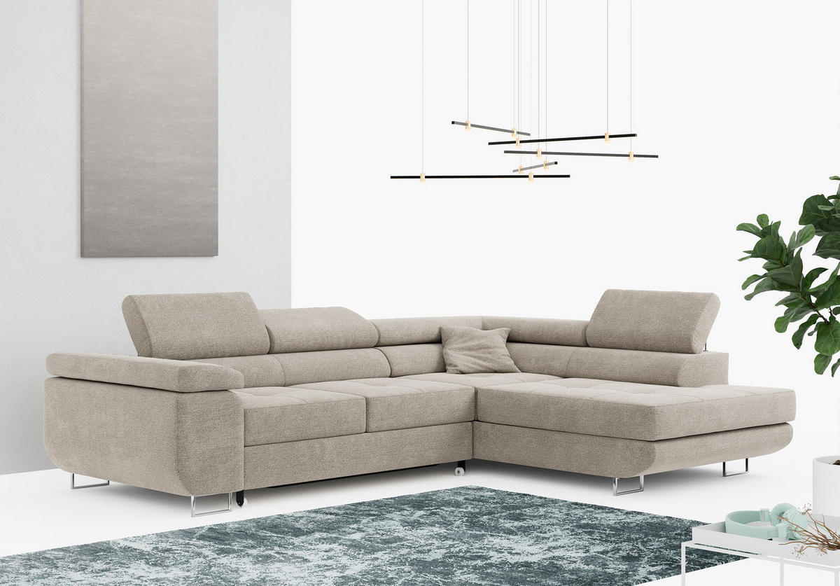 ROHOVÁ SEDAČKA GUSTAW L - Béžová Strukturovaná látka - Pravá Strana - stříbrná/béžová, kov/textil (205/275cm) - MKS