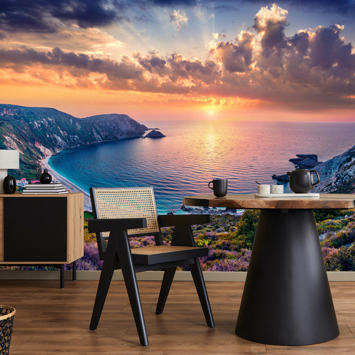 FOTOTAPETE Meer Blumen Sonnenuntergang Landschaft 3D 450x315 - Türkis/Blau, Papier (450/315cm) - Muralo